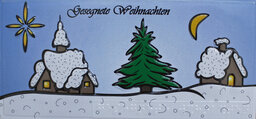 Winterlandschaft mit Kirche, Tanne und Haus, oben Stern und Mond