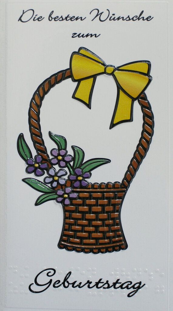 Korb mit gelber Schleife und lila Blumen