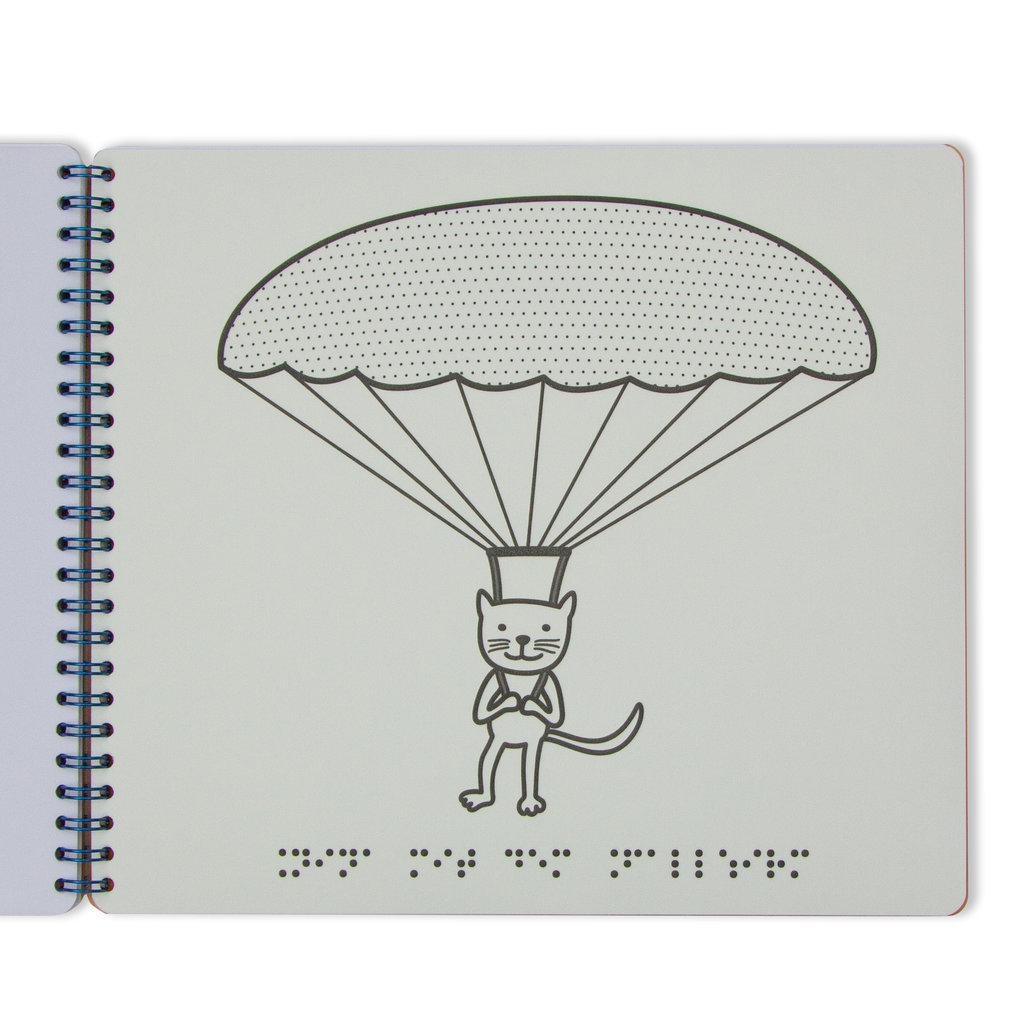 aufgeschlagenen Buchseite, Motiv Katze mit Fallschirm