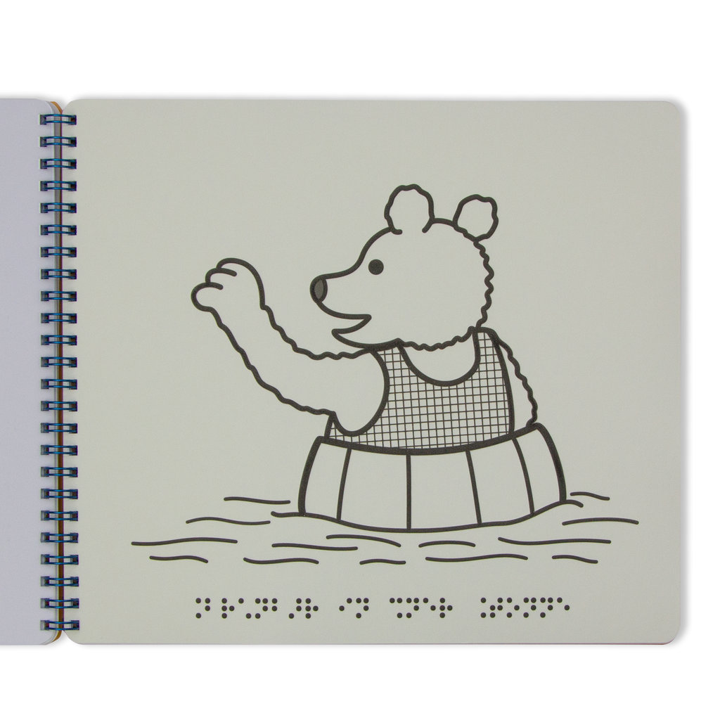 aufgeschlagene Buchseite, Motiv Bär mit Schwimmring im Wasser