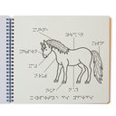 Vergrößerungsansicht: aufgeklappte Buchseite, Motiv Pferd mit Beschreibungen in Braille