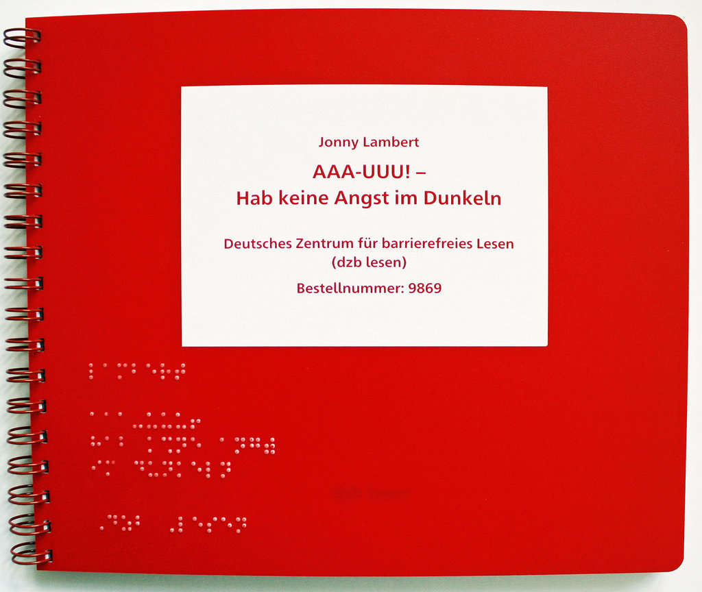 Covereinband mit Ringbindung, roter Kunststoffeinband, Braille- und Schwarzschrift