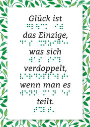 Grußkarte mit Text in Braille- und Großschrift, Rahmen mit grünem Muster