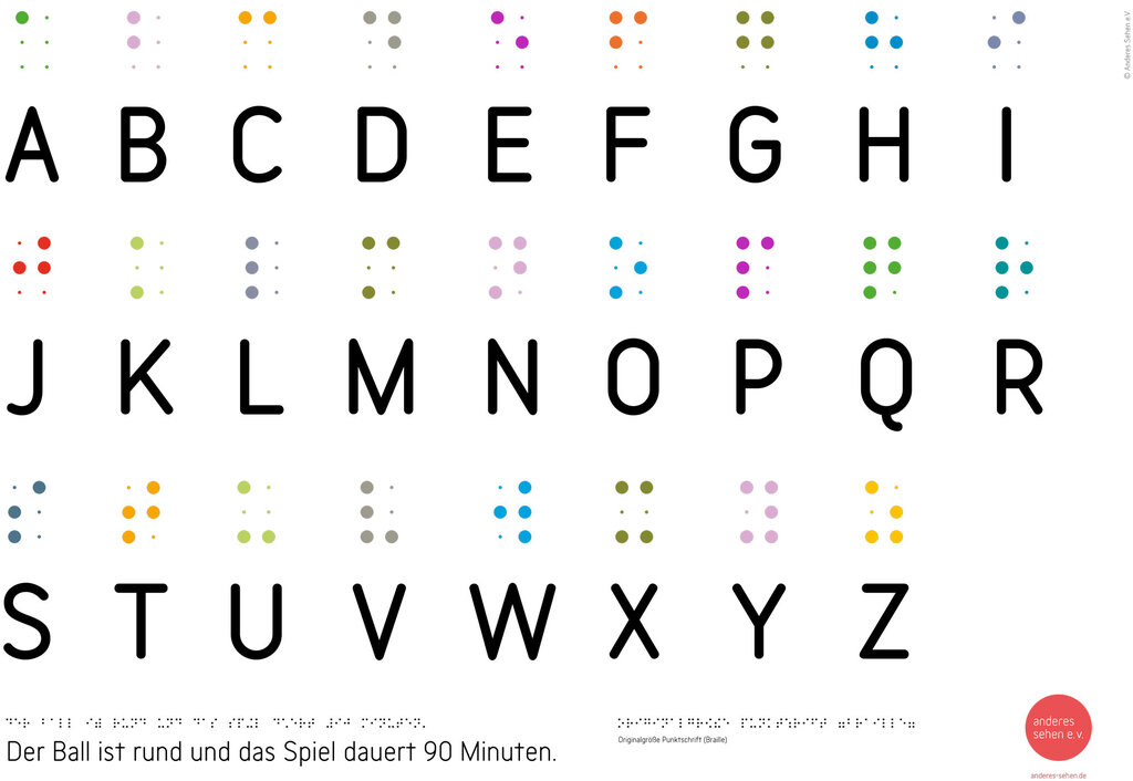 Das Plakat zeigt das Alphabet in Brailleschrift, der Schrift, mit deren Hilfe blinde Menschen lesen und schreiben