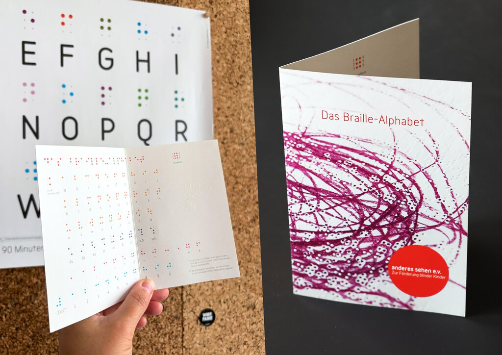 Links: Eine Hand hält eine Klappkarte mit aufgedrucktem Braillealphabet, rechts: Vorderseite Klappkarte mit Text 