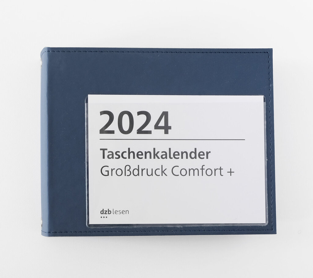 Taschenkalender in Großdruck mit Ringbuck aus blauem Kunstleder
