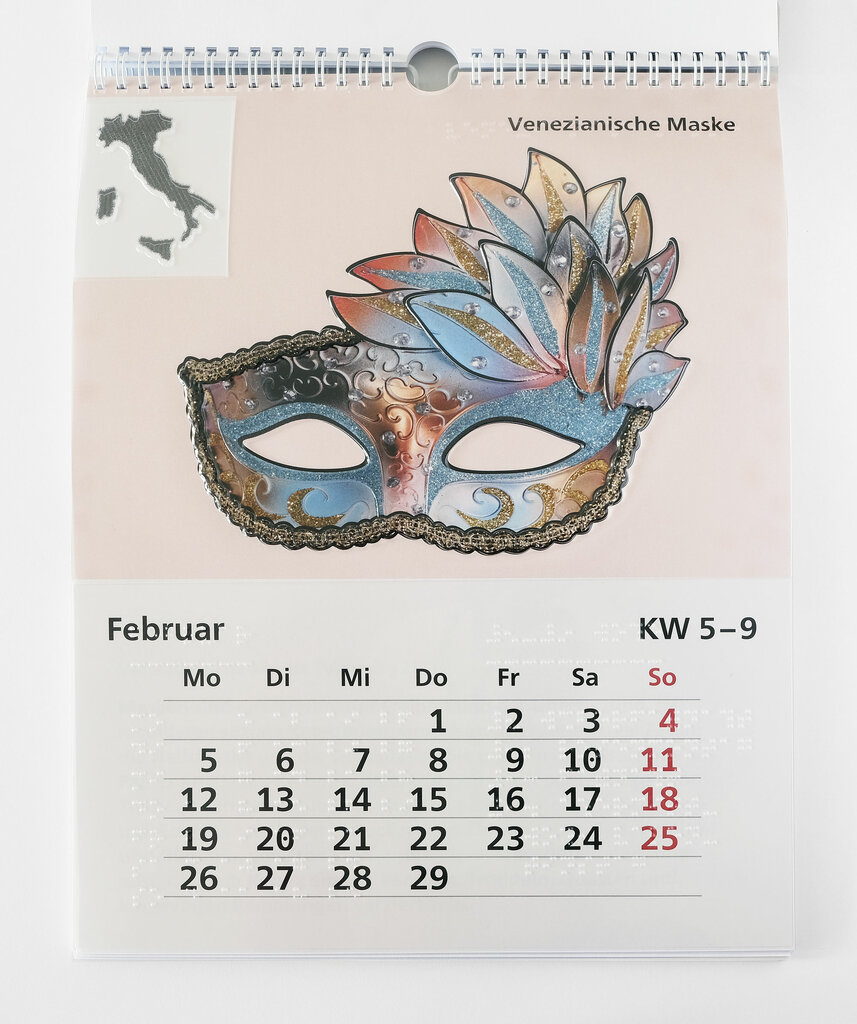 Kalenderblatt Februar mit verzierter Venezianischer Karnevalsmaske