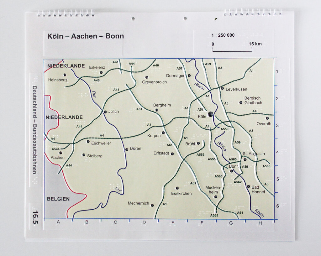 Autobahnkarte der Region Köln, Aachen, Bonn mit transparentem Relief und unterlegtem Farbdruck