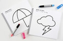 Vergrößerungsansicht: Ein Regenschirm und eine Wolke mit Blitz in tastbaren Konturen zum Ausmalen