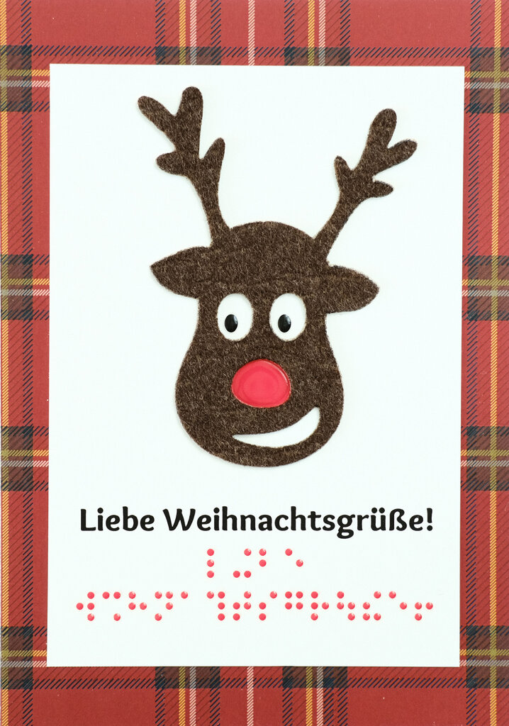 Grußkarte »Liebe Weihnachtsgrüße« mit tastbarem Elchgesicht, Text in Großdruck und Brailleschrift