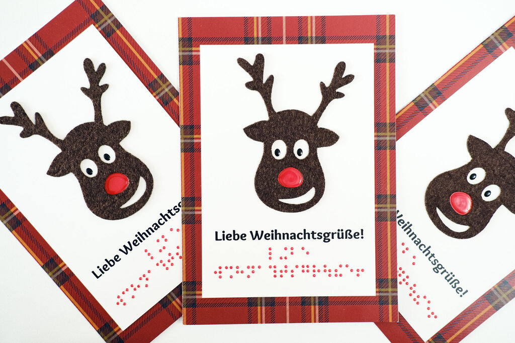 Grußkarte »Liebe Weihnachtsgrüße« mit tastbarem Elchgesicht, Text in Großdruck und Brailleschrift