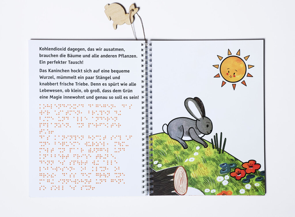 Aufgeklapptes Ringbuch mit Text in Großdruck und Braille-Schrift sowie tastbarer Abbildung von einem hoppelnden Kaninchen auf einer grünen Wiese im Sonnenschein