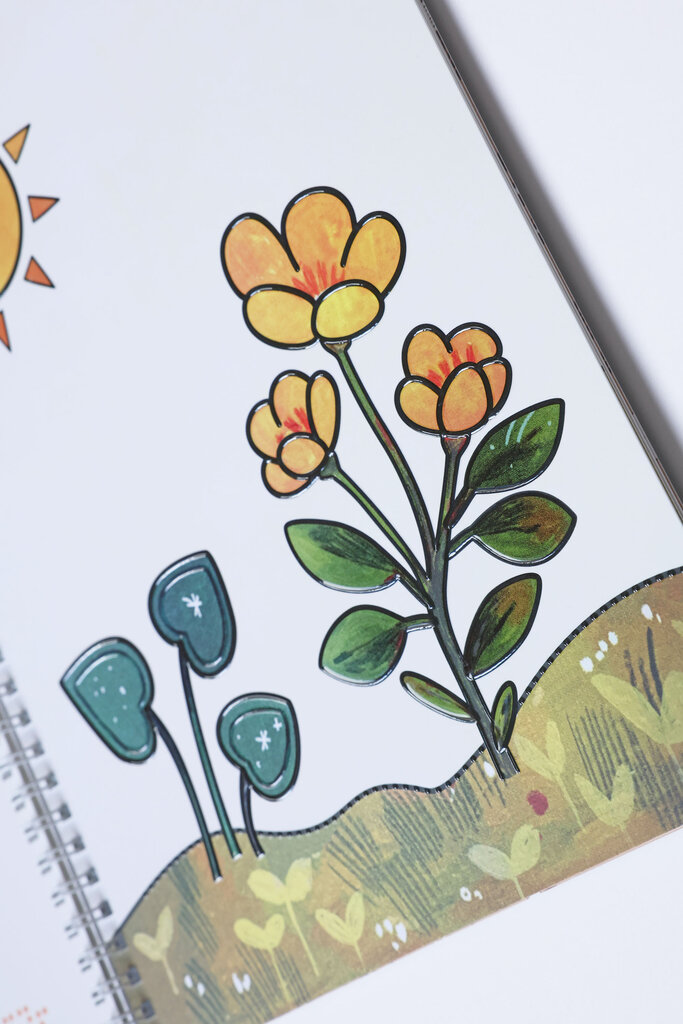 Taktile Abbildung von zwei Pflanzen, eine mit herzförmigen Bättern, die andere mit orange-farbenen Blüten