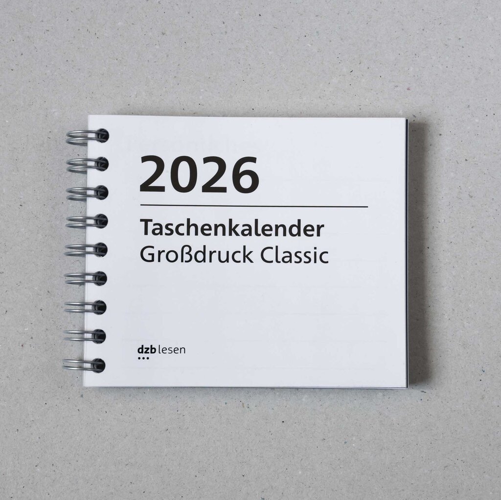 Vorderseite Taschenkalender 2026 in Großdruck mit Spiralbindung