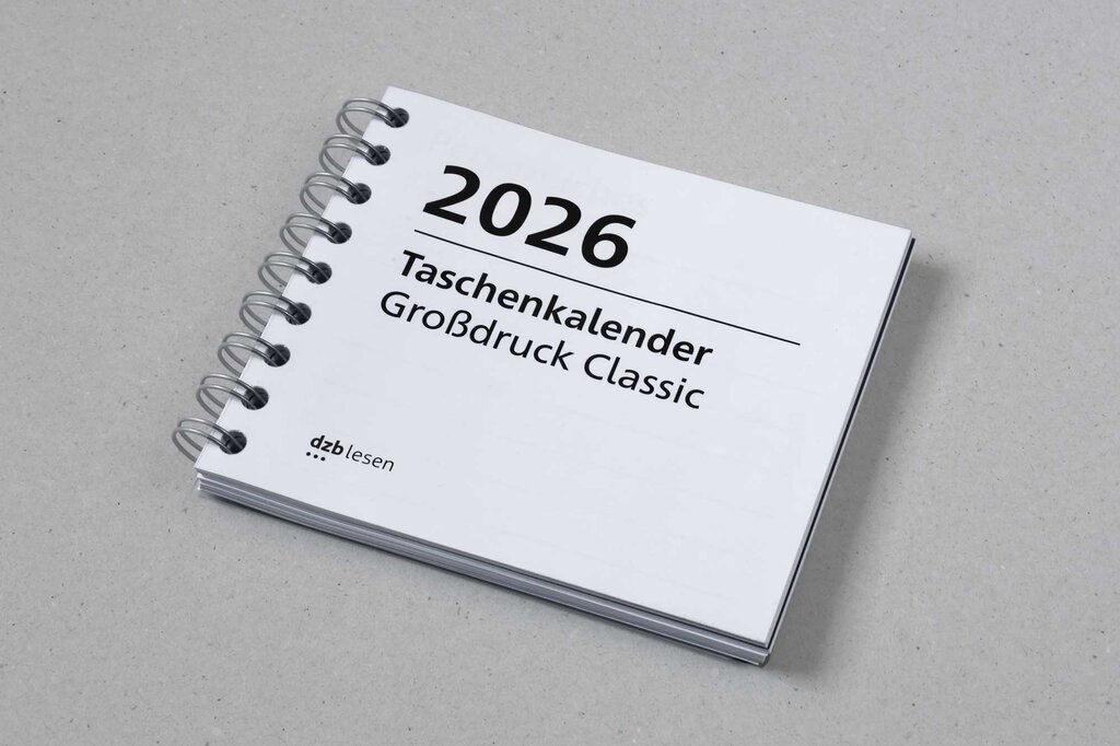 Vorderseite Taschenkalender 2026 in Großdruck mit Spiralbindung