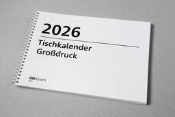 Vorderansicht Großdruck-Tischkalender 2026 im Querformat mit seitlicher Ringbindung