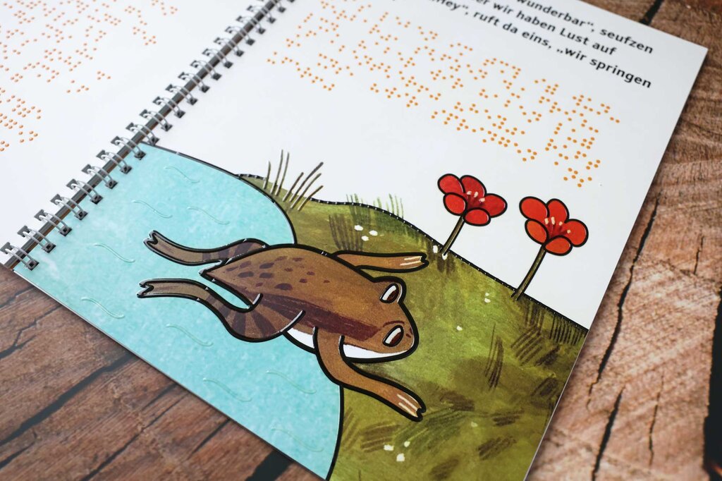 Aufgeklapptes Ringbuch mit Text in Großdruck und Braille-Schrift sowie taktilen Illustrationen 