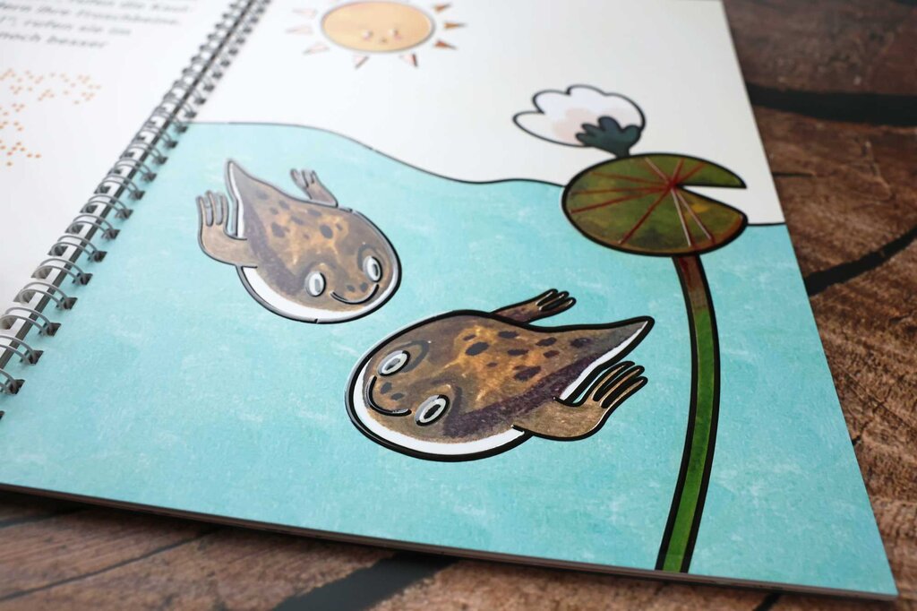 Aufgeklapptes Ringbuch mit Text in Großdruck und Braille-Schrift sowie taktilen Illustrationen 