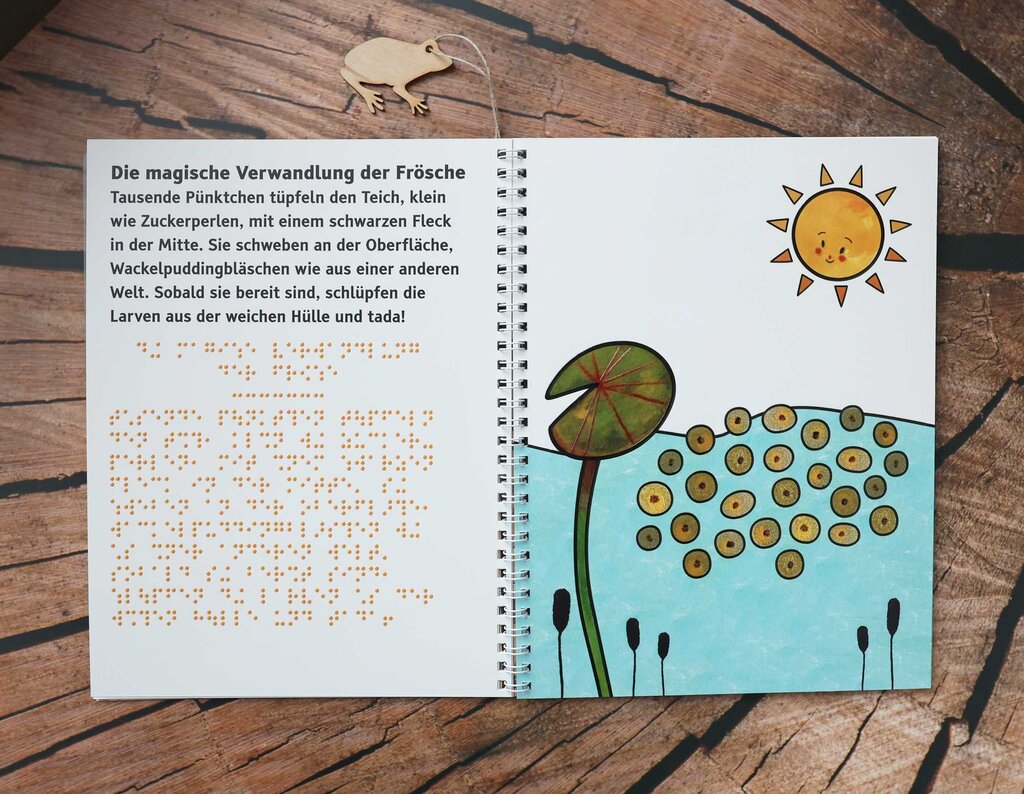 Aufgeklapptes Ringbuch mit Text in Großdruck und Braille-Schrift sowie taktilen Illustrationen 