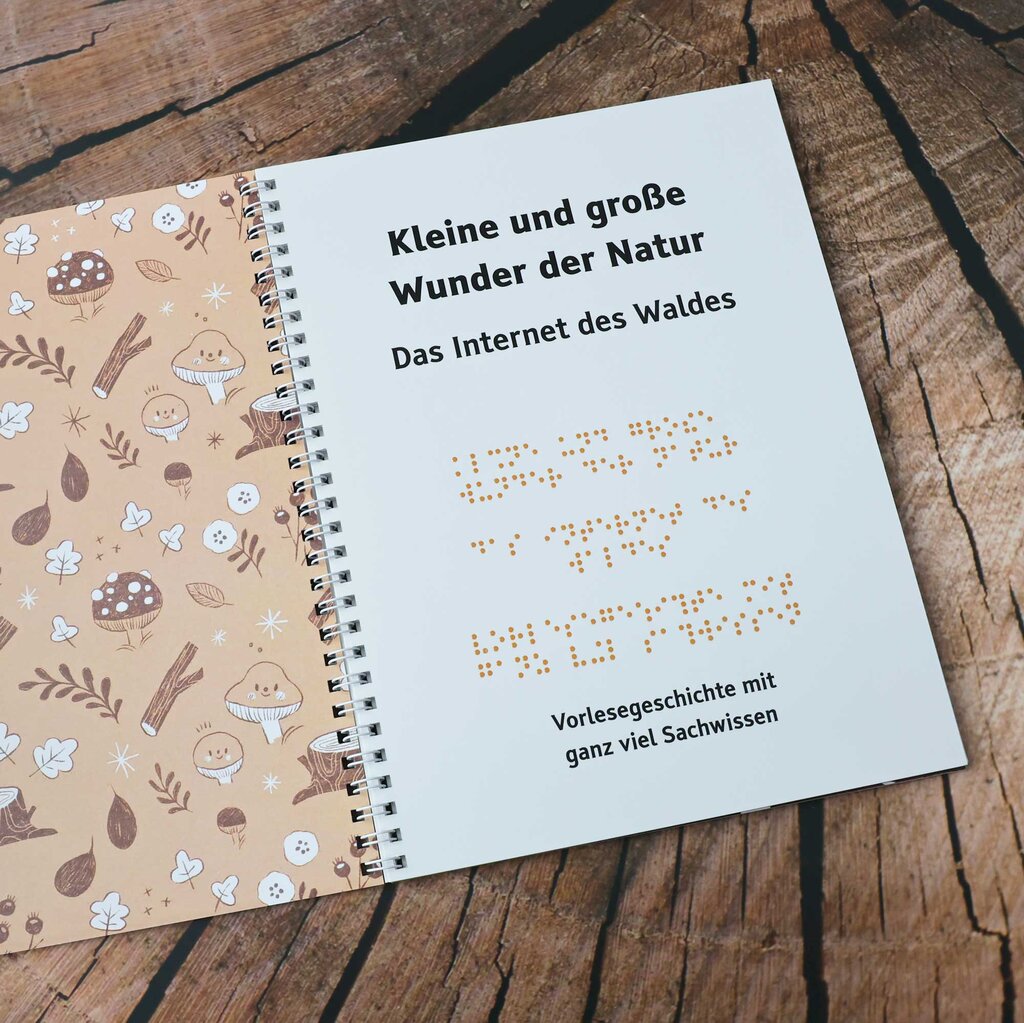 Aufgeklapptes Ringbuch mit Text in Großdruck und Braille-Schrift sowie taktilen Illustrationen 