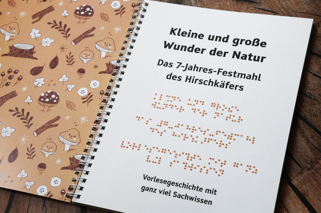 Buchseite mit Großdruck und Brailleschrift