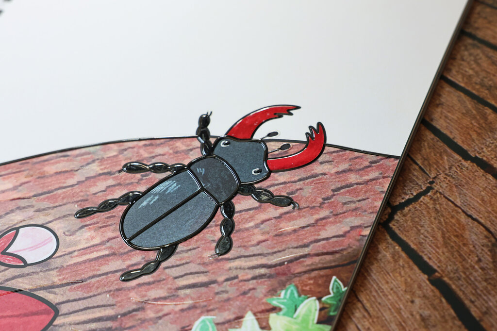Ein schwarzer Hirschkäfer mit rotem Geweih krabbelt auf einem Stück Holz.