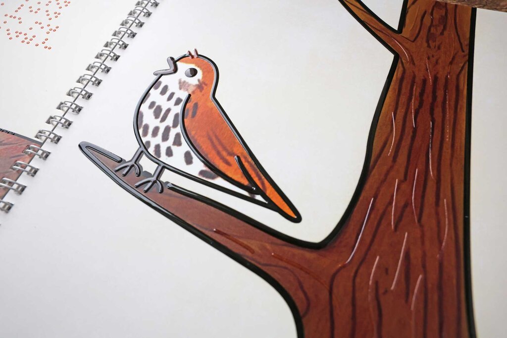 Ein Vogel mit orange-braunem Gefieder und geöffneten Schnabel auf einem Ast sitzend. Es scheint, dass er zwitschert.