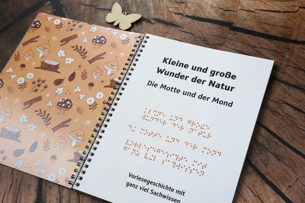 Buchseite mit Großdruck und Brailleschrift