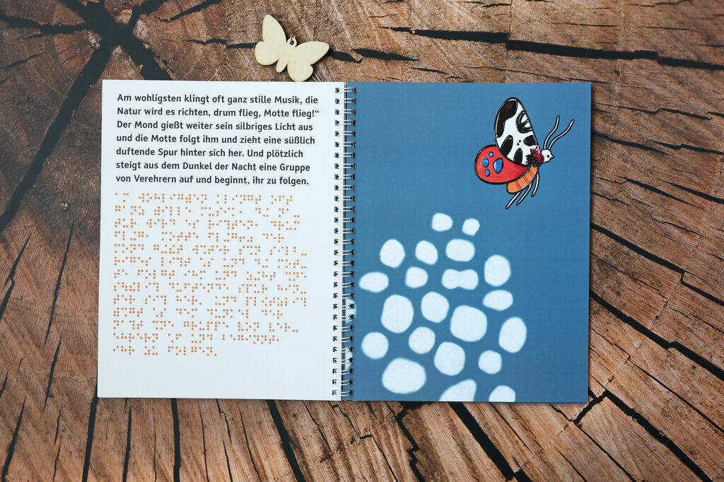 Aufgeklapptes Ringbuch, links Text in Großdruck und Brailleschrift, rechts eine taktile Abbildung einer Motte im Flug.