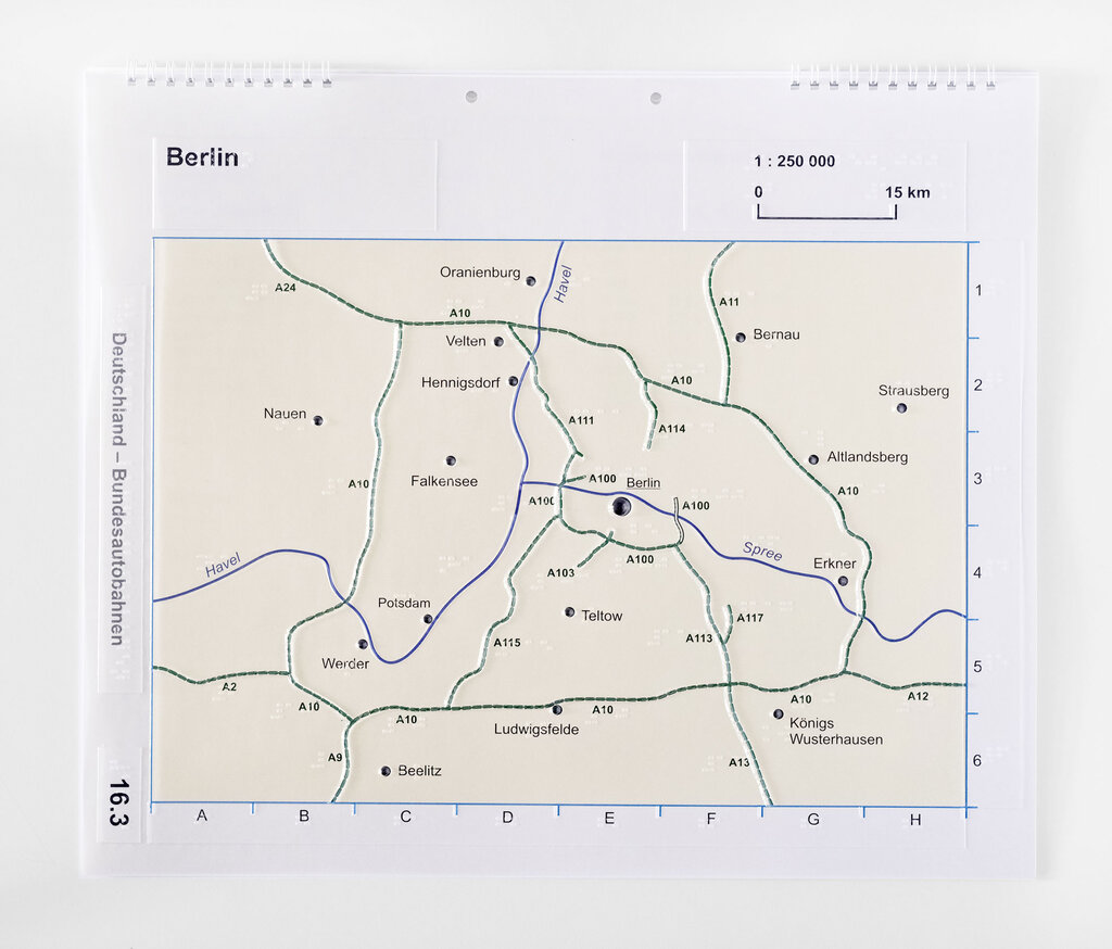 Taktil gestaltete Reliefkarte der bundesdeutschen Autobahnen