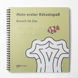 Ringbuch »Mein erster Rätselspaß - Besuch im Zoo« mit farbigem Buchcover, hellgrün mit einem kleinen orange-weiß gestreiftem Fisch und einer Koralle.