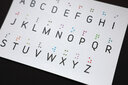 Vergrößerungsansicht: Postkarte mit tastbarem Brailleschrift-Alphabet in farbigem Lackdruck.