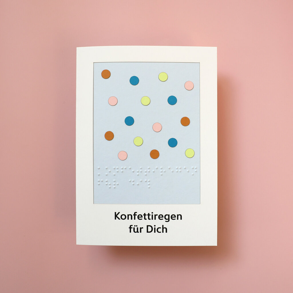 Taktile Grußkarte mit farbigen Punkten und Schriftzug 
