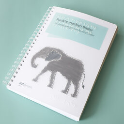 Ringbuch »Punkte machen Bilder: 15 Anleitungen für Braillebilder«. In der oberen Hälfte vom Buchcover steht der Titel in Brailleschrift und in großer Schrift, darunter ist ein Elefant abgebildet. Seine Kontur ist mit Braillepunkten taktil gestaltet.