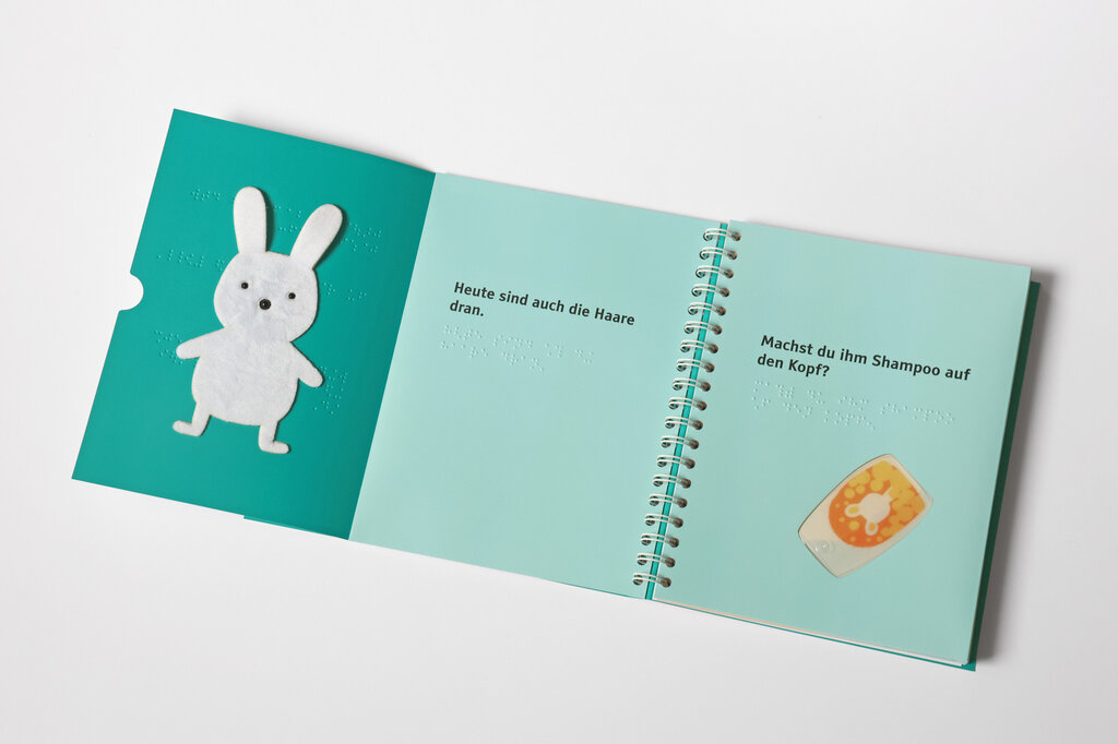 Aufgeklapptes Ringbuch mit tastbaren Abbildungen sowie Text in Braillvollschrift und Großdruck.